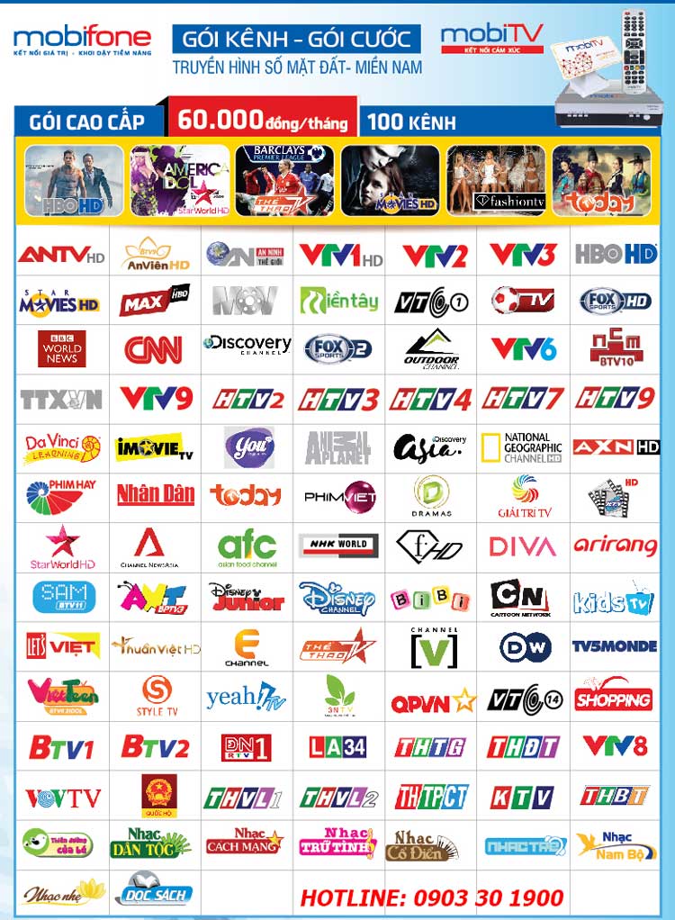 Danh sách 100 kênh trên hệ thống Truyền hình MobiTV Miền Nam